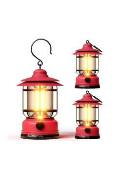 Lampă Portabilă Camping Roșie, Felinar Vintage cu Cârlig, 21 COB LED, Intensitate Reglabilă, 360° Iluminare, 5W, ABS, 10.8x14 cm