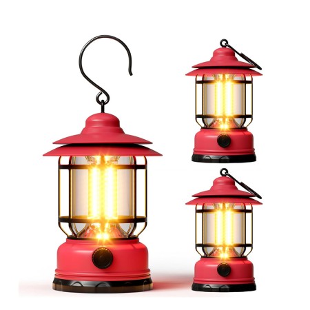 Lampă Portabilă Camping Roșie, Felinar Vintage cu Cârlig, 21 COB LED, Intensitate Reglabilă, 360° Iluminare, 5W, ABS, 10.8x14 cm
