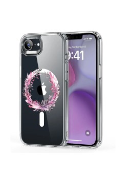 Husa pentru iPhone 16e, Atasare Magnetica, MagSafe, Pink Wreath 5, Clear