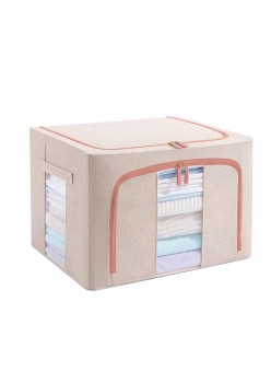 Cutie de Depozitare Pliabilă, 100L, Țesătură Bumbac & In, Cadru Metalic, Bază Stabilă, Fermoar Bidirecțional, Două Ferestre de Vizualizare, 60x42x40 cm, Crem