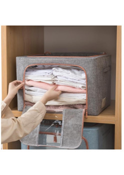 Cutie pentru depozitare pliabila cu fermoar si doua ferestre, textil, 100L, 60x42x40 cm, Gri