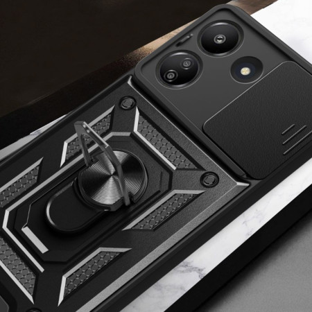 Husa telefon compatibila Xiaomi Redmi 13C, Slide & Snap Premium, Magnetic Ring Holder, Negru