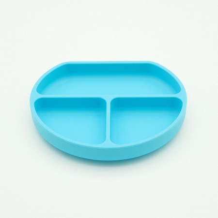 Accesorii diversificare bebelusi 8 piese din silicon, farfurie si bol cu ventuza, baveta, tacamuri lemn-silicon, cana gustari, albastru, fara BPA