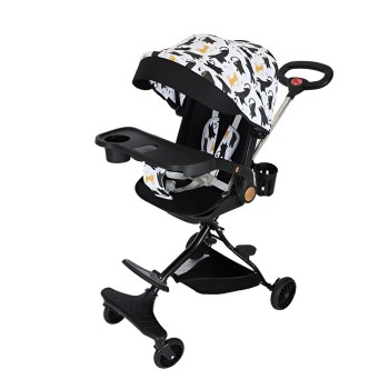 Cărucior Sport 3 în 1, Reversibil, Pliabil, Poziție Somn, Tavă Masă, Roti 360°, Suport Pahar, Copertină Soare, Negru Model Pisicuțe, 6-36 Luni