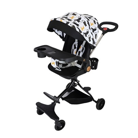 Cărucior Sport 3 în 1, Reversibil, Pliabil, Poziție Somn, Tavă Masă, Roti 360°, Suport Pahar, Copertină Soare, Negru Model Pisicuțe, 6-36 Luni