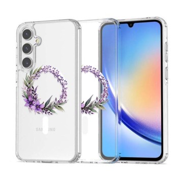 Husa pentru Samsung Galaxy A56 5G, Atasare Magnetica, MagSafe, Pink Wreath 10, Clear