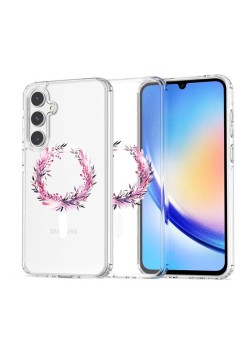 Husa pentru Samsung Galaxy A56 5G, Atasare Magnetica, MagSafe, Pink Wreath 5, Clear
