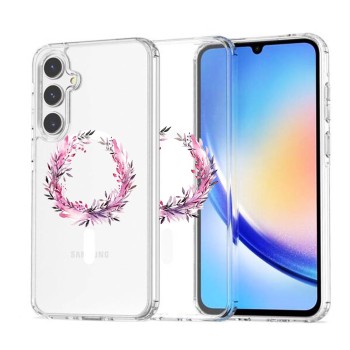 Husa pentru Samsung Galaxy A56 5G, Atasare Magnetica, MagSafe, Pink Wreath 5, Clear