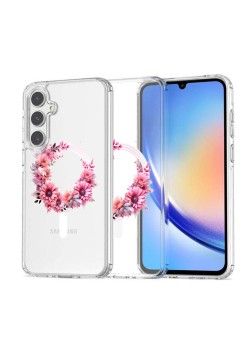Husa pentru Samsung Galaxy A56 5G, Atasare Magnetica, MagSafe, Pink Wreath 1, Clear