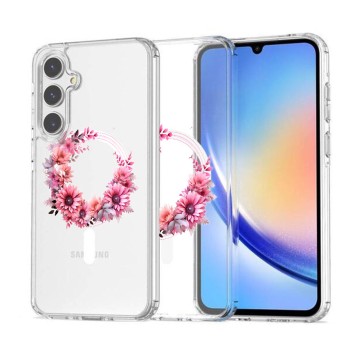 Husa pentru Samsung Galaxy A56 5G, Atasare Magnetica, MagSafe, Pink Wreath 1, Clear