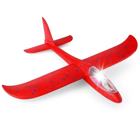 Avion Planor Polistiren 47 cm cu Pilot si LED Cabina, Rosu – Jucarie Zburatoare Outdoor Copii