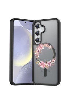 Husă Antișoc MagSafe pentru Samsung Galaxy S25, Spate Mat Anti-Amprentă, Floral Pink Wreath 2, Negru
