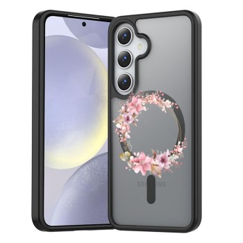 Husă Antișoc MagSafe pentru Samsung Galaxy S25, Spate Mat Anti-Amprentă, Floral Pink Wreath 2, Negru