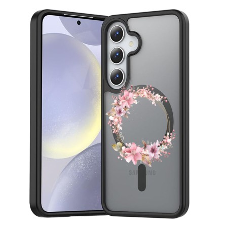 Husă Antișoc MagSafe pentru Samsung Galaxy S25, Spate Mat Anti-Amprentă, Floral Pink Wreath 2, Negru