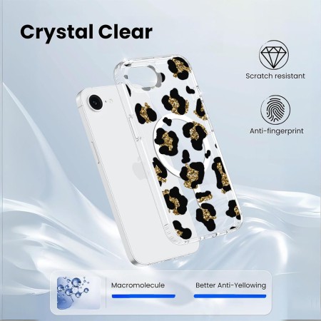 Husa pentru iPhone 16e, Atasare Magnetica, MagSafe, Leopard Gold Glitter, Clear