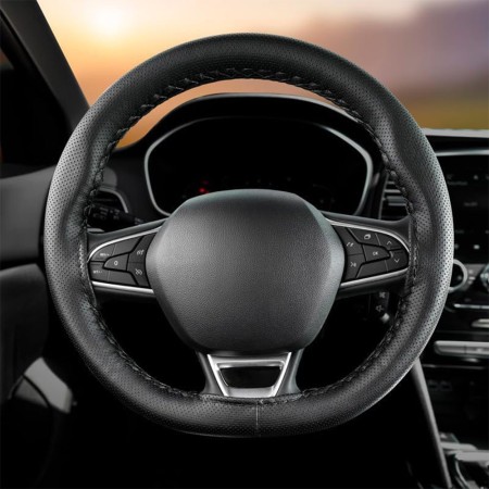 Husa volan din piele ecologica perforata, diametru 37-39 cm, cu ac si ata, Negru