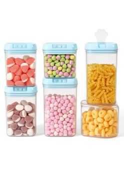 Set 7 Recipiente Alimente din Plastic Transparent, Capac Albastru, 0.5L - 1.9L, Organizare Bucatarie, Cutii Depozitare Cereale si Gustari
