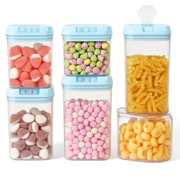 Set 7 Recipiente Alimente din Plastic Transparent, Capac Albastru, 0.5L - 1.9L, Organizare Bucatarie, Cutii Depozitare Cereale si Gustari