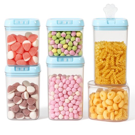 Set 7 Recipiente Alimente din Plastic Transparent, Capac Albastru, 0.5L - 1.9L, Organizare Bucatarie, Cutii Depozitare Cereale si Gustari