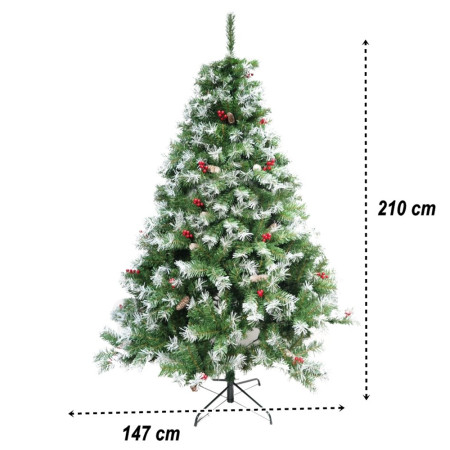 Brad artificial decorat cu conuri pin nins 2.1m de Craciun, interior/exterior, diametru 147 cm, 1150 ramuri, suport metalic inclus, Verde