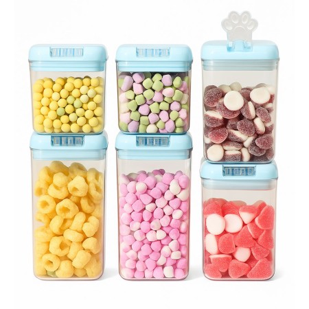 Set 6 Recipiente Depozitare Alimente din Plastic – 0.5L, 0.8L, 1.2L – Capace Albastre, Cutii Etanse pentru Cereale, Gustari, Frigider sau Camara