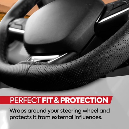 Husa volan din piele ecologica perforata, diametru 37-39 cm, cu ac si ata, Negru