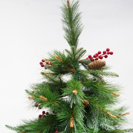 Brad artificial decorat cu conuri pin rosii Premium de Craciun Bogat, inaltime 180 cm, 414 ramuri, suport metalic inclus, Verde