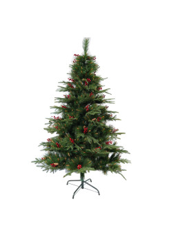 Brad artificial decorat cu conuri pin rosi de Craciun bogat verde, pentru interior/exterior, inaltime 120 cm, suport metalic inclus