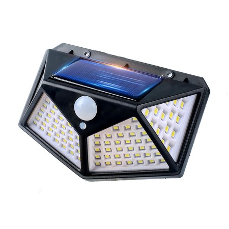 Lampă Solară LED de Exterior, 100 LED, cu Senzor de Mișcare și Senzor Crepuscular, 3 Moduri, Flux 700LM, IP65, Montaj Perete, Neagră
