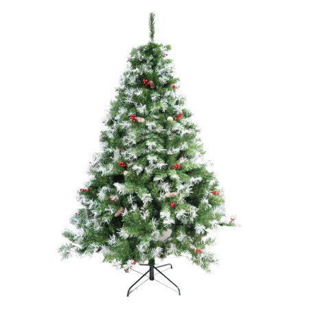 Brad artificial decorat cu conuri pin nins de Craciun 1.8m, interior/exterior, 760 ramuri, suport metalic inclus, Verde