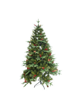 Brad Artificial Decorat conuri de pin si fructe rosii de Craciun, 1.5 m inaltime, Interior/ Exterior, Verde