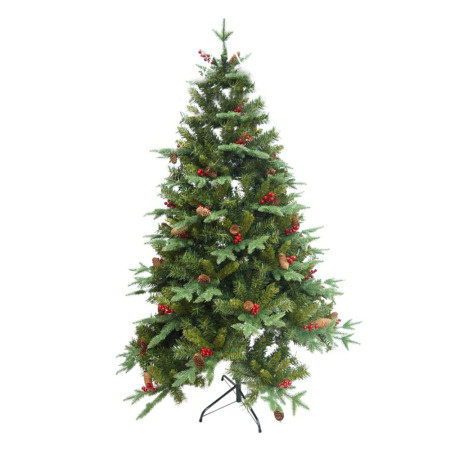 Brad Artificial Decorat conuri de pin si fructe rosii de Craciun, 1.5 m inaltime, Interior/ Exterior, Verde