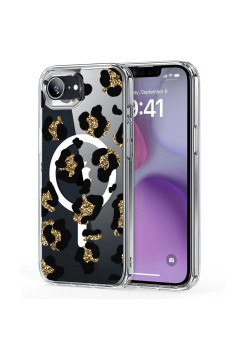 Husa pentru iPhone 16e, Atasare Magnetica, MagSafe, Leopard Gold Glitter, Clear