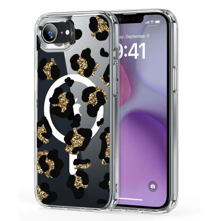 Husa pentru iPhone 16e, Atasare Magnetica, MagSafe, Leopard Gold Glitter, Clear
