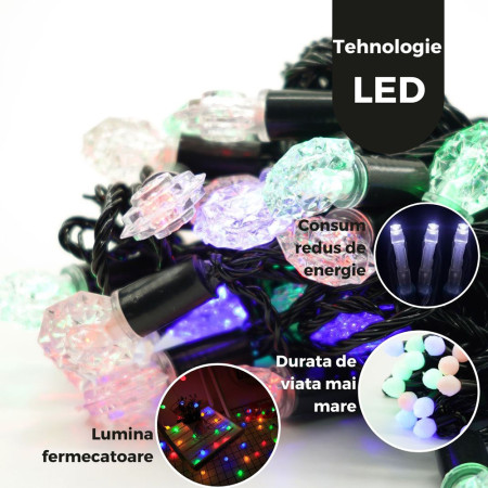 Instalatie Brad de Craciun liniara, RGRB, 10 m din care 1m prelungitor, 220V, 40 LED, Interconectabila, Fir Negru, Multicolor