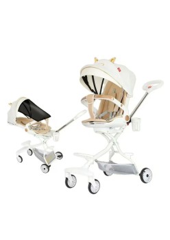 Cărucior Sport 3 în 1, Reversibil, Pliabil, Poziție Somn, Tavă Masă, Roti 360°, Suport Pahar, Copertină Soare, Alb Model Pisică, 6-36 Luni