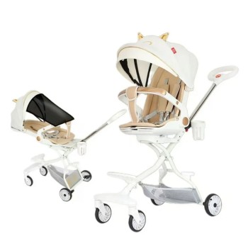 Cărucior Sport 3 în 1, Reversibil, Pliabil, Poziție Somn, Tavă Masă, Roti 360°, Suport Pahar, Copertină Soare, Alb Model Pisică, 6-36 Luni