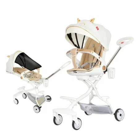 Cărucior Sport 3 în 1, Reversibil, Pliabil, Poziție Somn, Tavă Masă, Roti 360°, Suport Pahar, Copertină Soare, Alb Model Pisică, 6-36 Luni