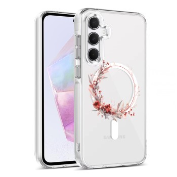 Husa pentru Samsung Galaxy A35 5G, Atasare Magnetica, MagSafe, Pink Wreath 17, Clear