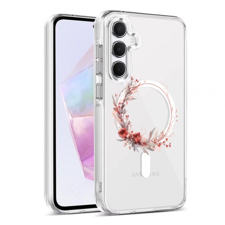 Husa pentru Samsung Galaxy A55 5G, Atasare Magnetica, MagSafe, Pink Wreath 17, Clear