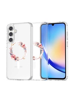 Husa pentru Samsung Galaxy A56 5G, Atasare Magnetica, MagSafe, Pink Wreath 8, Clear