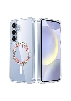 Husa pentru Samsung Galaxy S25, Atasare Magnetica, MagSafe, Pink Wreath 13, Clear