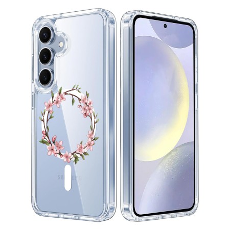 Husa pentru Samsung Galaxy S25, Atasare Magnetica, MagSafe, Pink Wreath 13, Clear