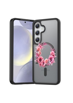 Husă Antișoc MagSafe pentru Samsung Galaxy S25, Spate Mat Anti-Amprentă, Floral Pink Wreath 1, Negru