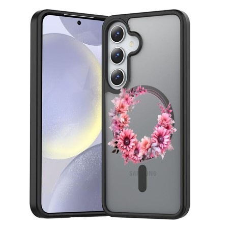 Husă Antișoc MagSafe pentru Samsung Galaxy S25, Spate Mat Anti-Amprentă, Floral Pink Wreath 1, Negru