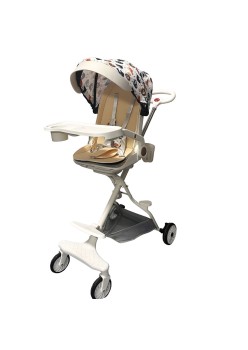 Cărucior Sport 3 în 1, Reversibil, Pliabil, Poziție Somn, Tavă Masă, Roti 360°, Suport Pahar, Copertină Soare, Crem Model Junglă, 6-36 Luni