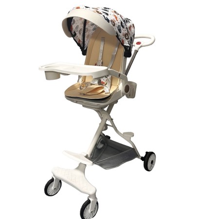 Cărucior Sport 3 în 1, Reversibil, Pliabil, Poziție Somn, Tavă Masă, Roti 360°, Suport Pahar, Copertină Soare, Crem Model Junglă, 6-36 Luni