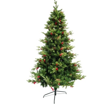 Brad de Craciun artificial, decorat cu conuri pin rosii, inaltime 180 cm, suport metalic inclus, Verde