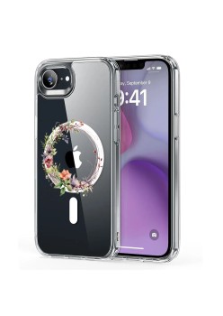 Husa pentru iPhone 16e, Atasare Magnetica, MagSafe, Pink Wreath 21, Clear