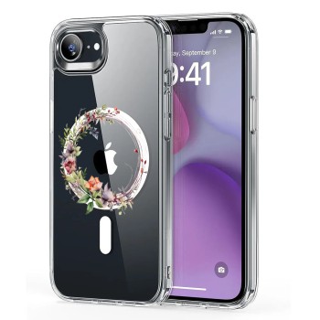 Husa pentru iPhone 16e, Atasare Magnetica, MagSafe, Pink Wreath 21, Clear
